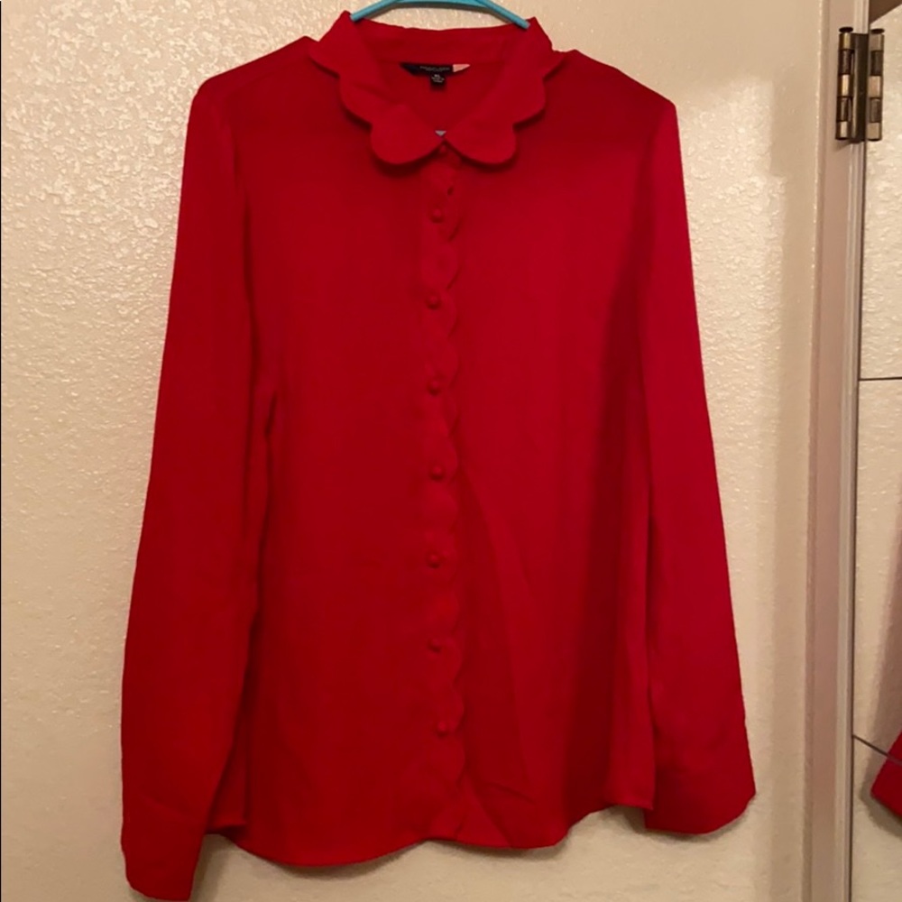 Modcloth Red Scalloped Collar Long Sleeve Blouse